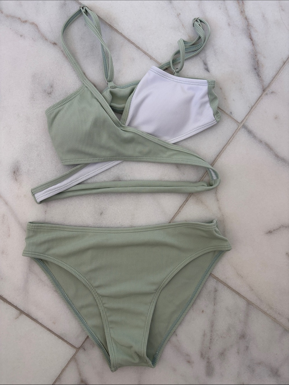 SHEIN Sage Green Ribbed Wrap-Style Kids Bikini Set with White Lining